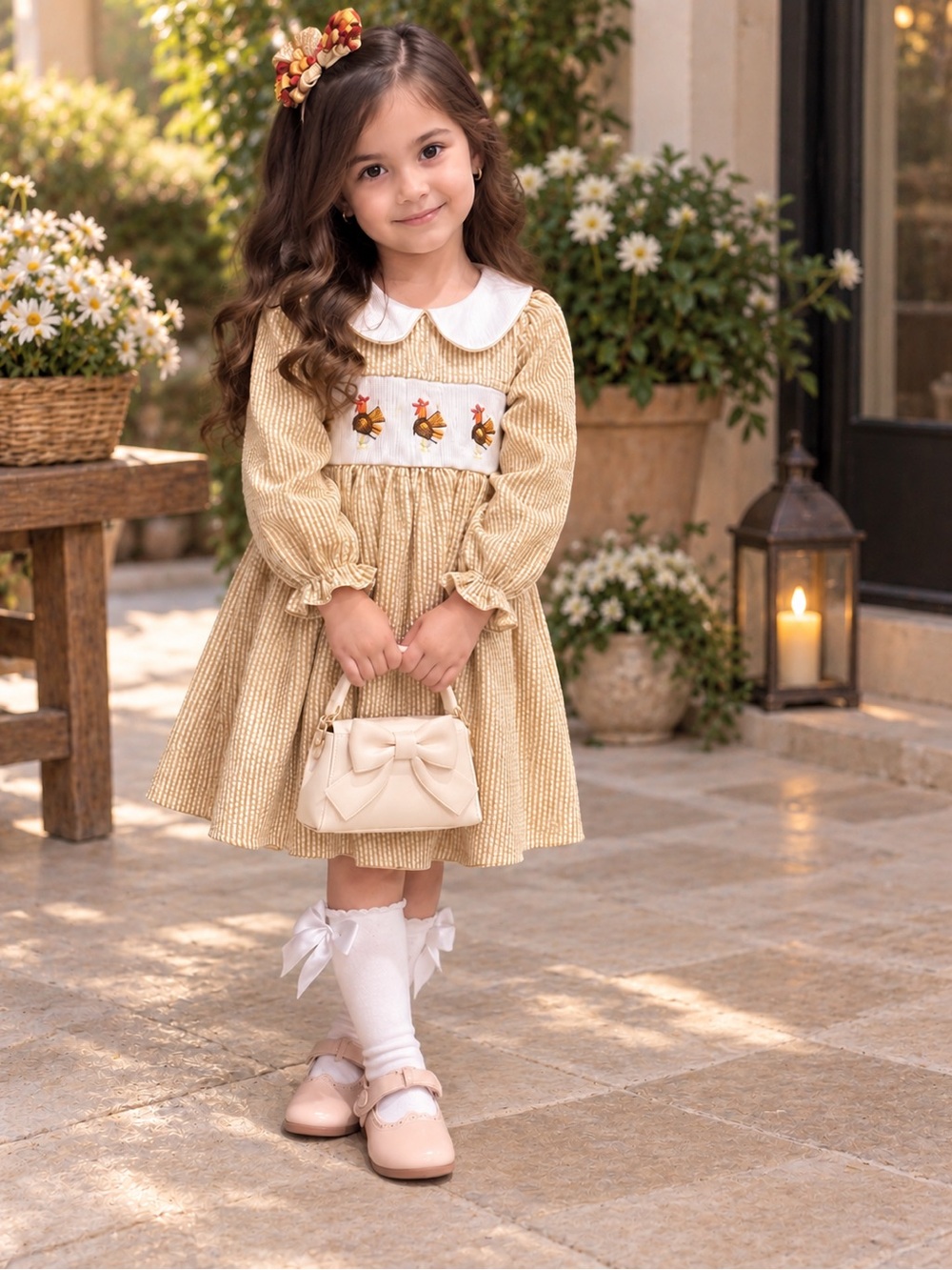 Classic Cream Girls' Smocked Fall Dress with Peter Pan Collar